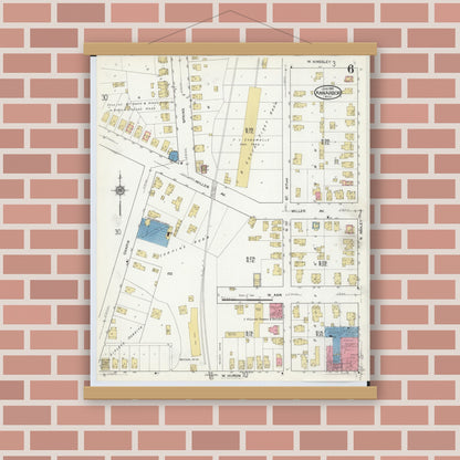 Old map wall art mockup — magnetic wood frame on brick wall — Sanborn Fire Insurance Map from Ann Arbor, Washtenaw County, Michigan (1916), Sheet #0006