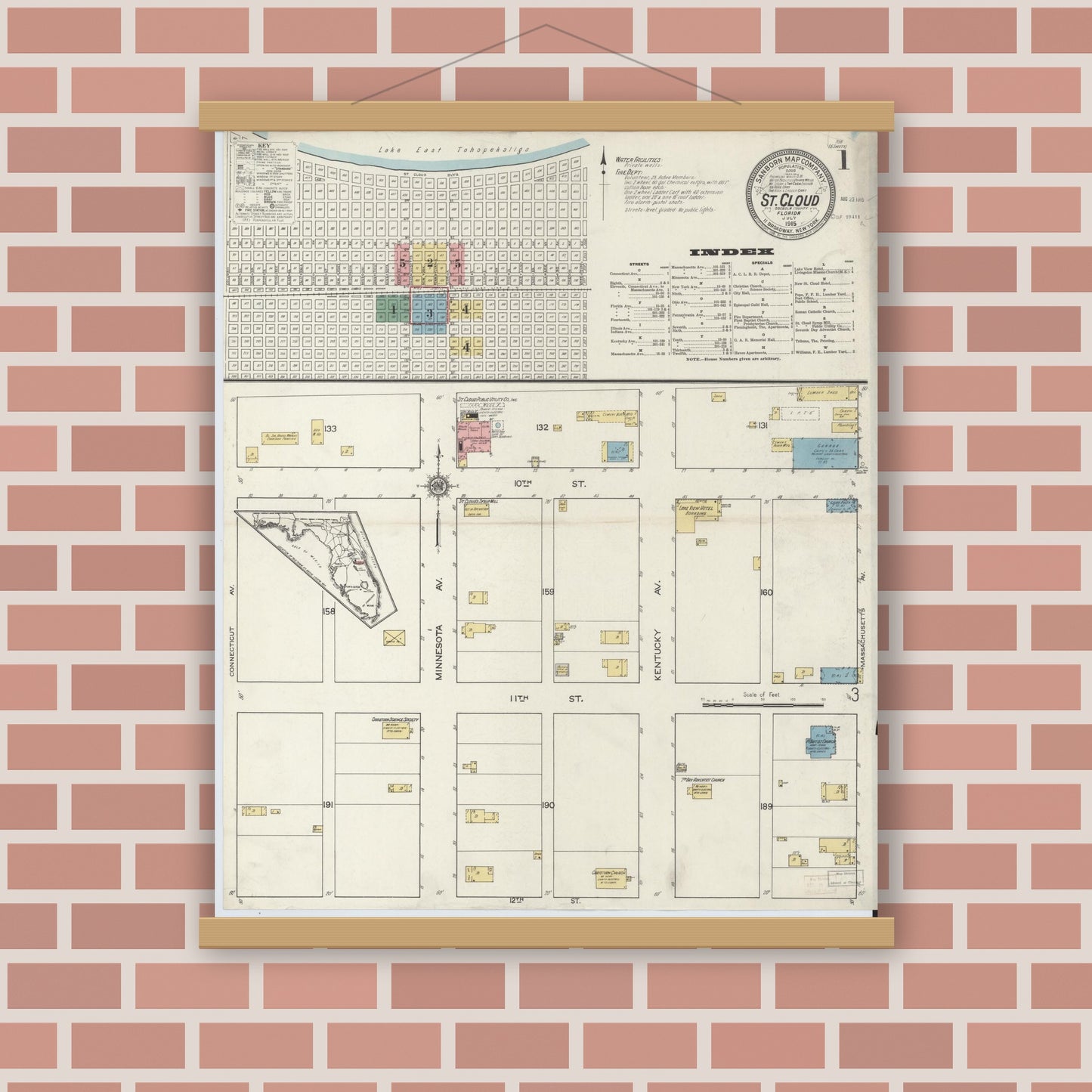Old map wall art mockup — magnetic wood frame on brick wall — Sanborn Fire Insurance Map from Saint Cloud, Osceola County, Florida (1915) - Complete Map Set