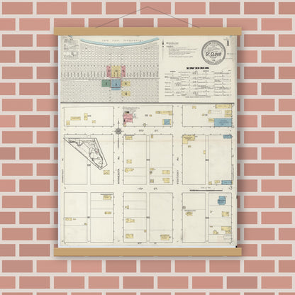 Old map wall art mockup — magnetic wood frame on brick wall — Sanborn Fire Insurance Map from Saint Cloud, Osceola County, Florida (1915) - Complete Map Set