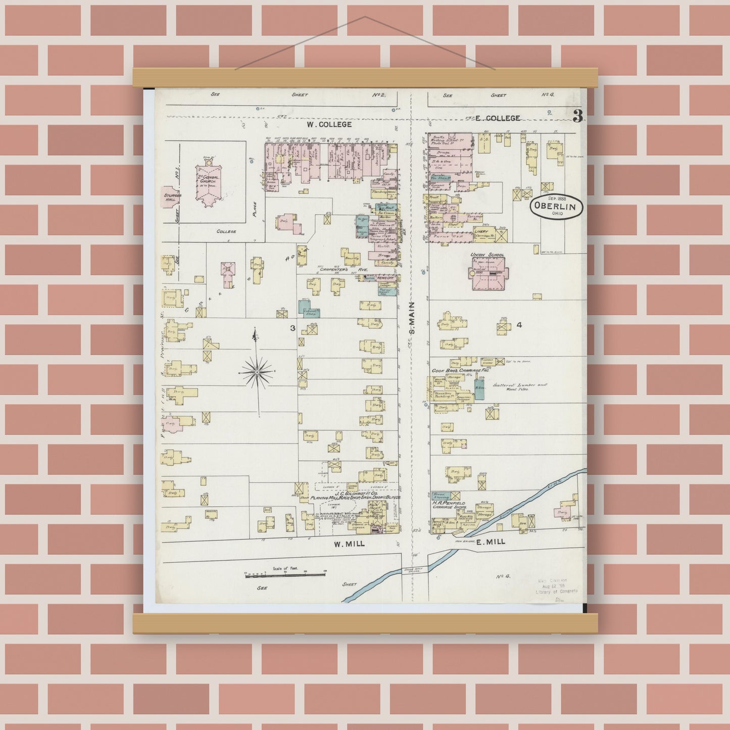 Old map wall art mockup — magnetic wood frame on brick wall — Sanborn Fire Insurance Map from Oberlin, Lorain County, Ohio (1888), Sheet #0003