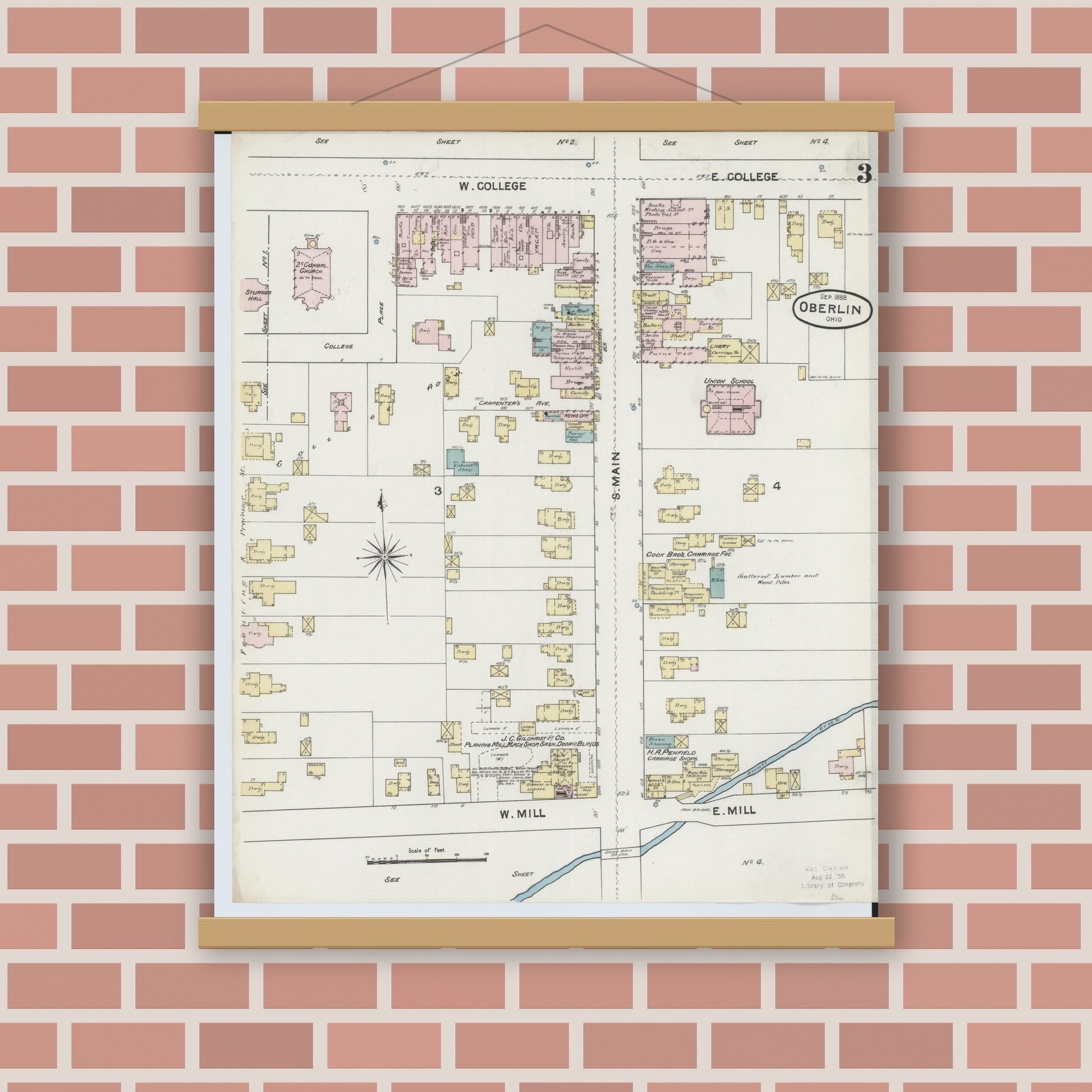Old map wall art mockup — magnetic wood frame on brick wall — Sanborn Fire Insurance Map from Oberlin, Lorain County, Ohio (1888), Sheet #0003