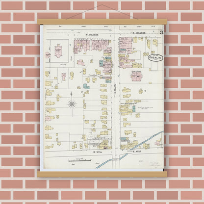 Old map wall art mockup — magnetic wood frame on brick wall — Sanborn Fire Insurance Map from Oberlin, Lorain County, Ohio (1888), Sheet #0003