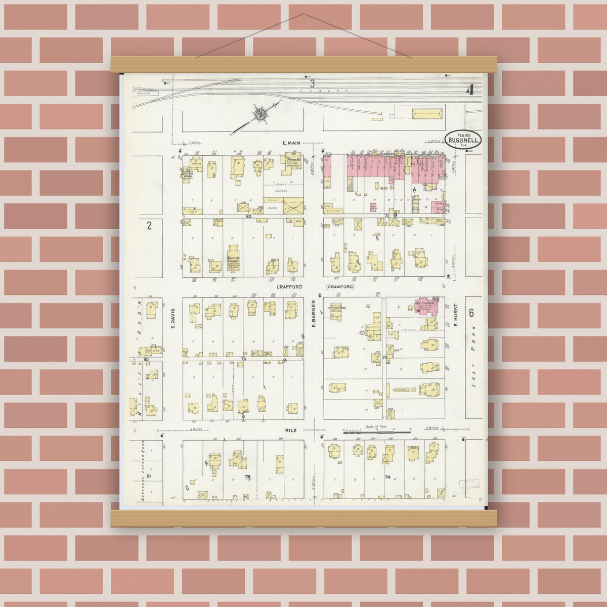 Old map wall art mockup — magnetic wood frame on brick wall — Sanborn Fire Insurance Map from Bushnell, Mcdonough County, Illinois (1912), Sheet #0004