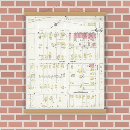 Old map wall art mockup — magnetic wood frame on brick wall — Sanborn Fire Insurance Map from Bushnell, Mcdonough County, Illinois (1912), Sheet #0004