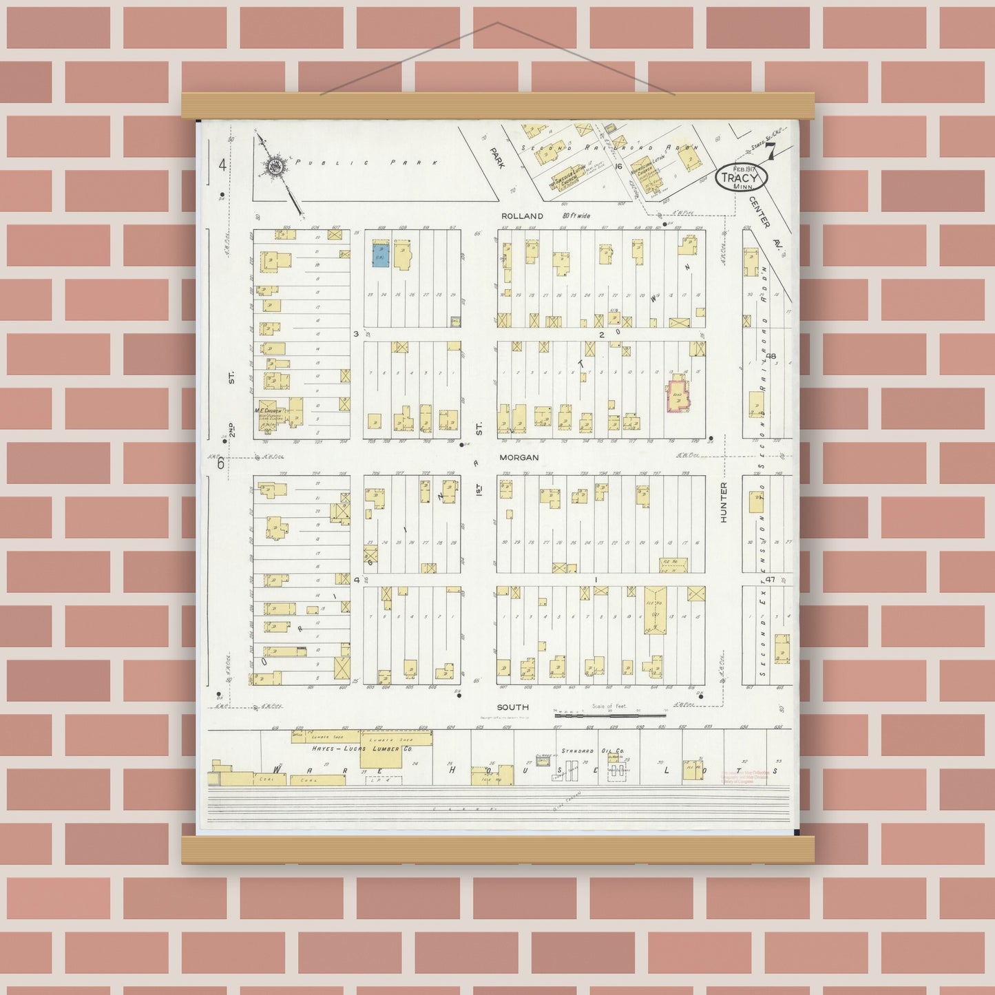 Old map wall art mockup — magnetic wood frame on brick wall — Sanborn Fire Insurance Map from Tracy, Lyon County, Minnesota (1917), Sheet #0007