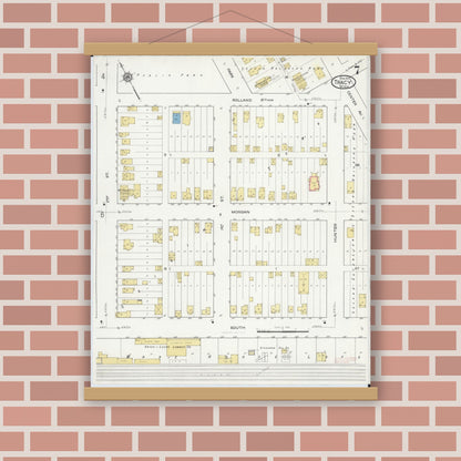 Old map wall art mockup — magnetic wood frame on brick wall — Sanborn Fire Insurance Map from Tracy, Lyon County, Minnesota (1917), Sheet #0007