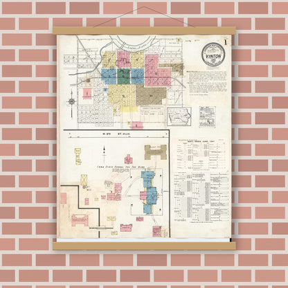 Old map wall art mockup — magnetic wood frame on brick wall — Sanborn Fire Insurance Map from Vinton, Benton County, Iowa (1941), Sheet #0001