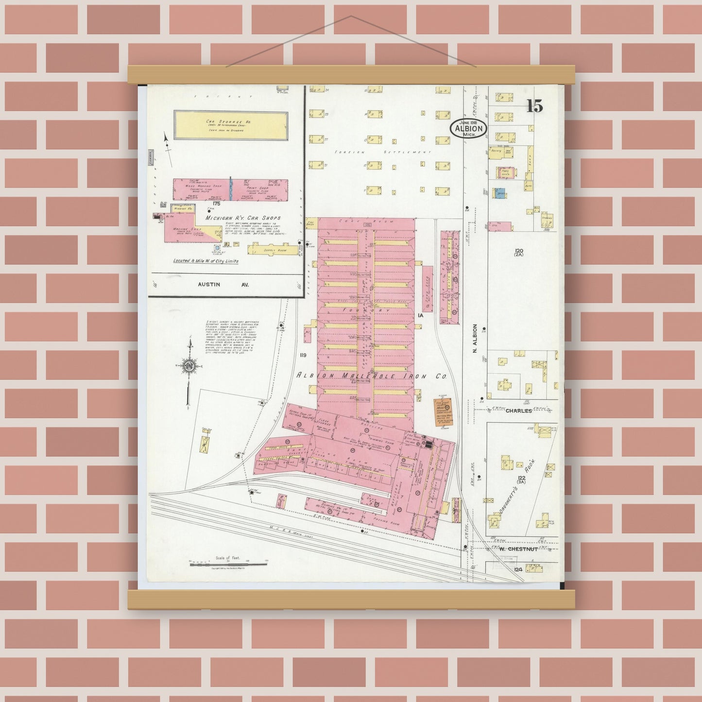 Old map wall art mockup — magnetic wood frame on brick wall — Sanborn Fire Insurance Map from Albion, Calhoun County, Michigan (1918), Sheet #0015