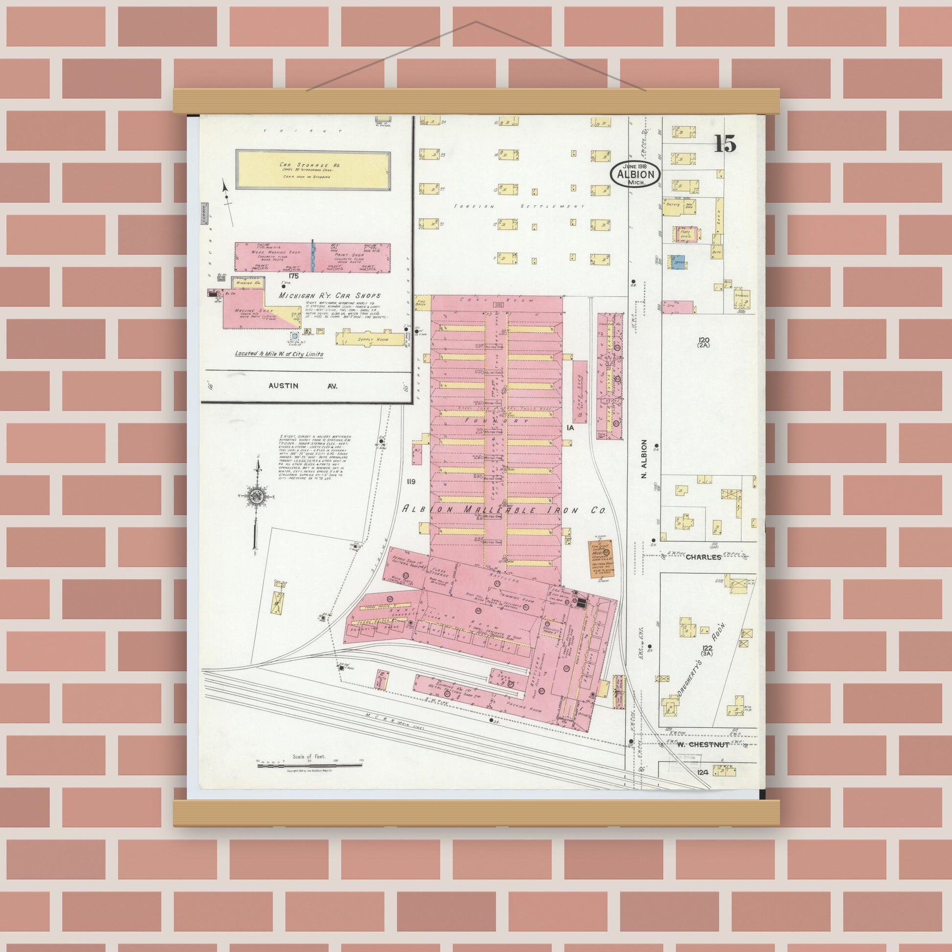 Old map wall art mockup — magnetic wood frame on brick wall — Sanborn Fire Insurance Map from Albion, Calhoun County, Michigan (1918), Sheet #0015