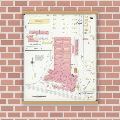 Old map wall art mockup — magnetic wood frame on brick wall — Sanborn Fire Insurance Map from Albion, Calhoun County, Michigan (1918), Sheet #0015