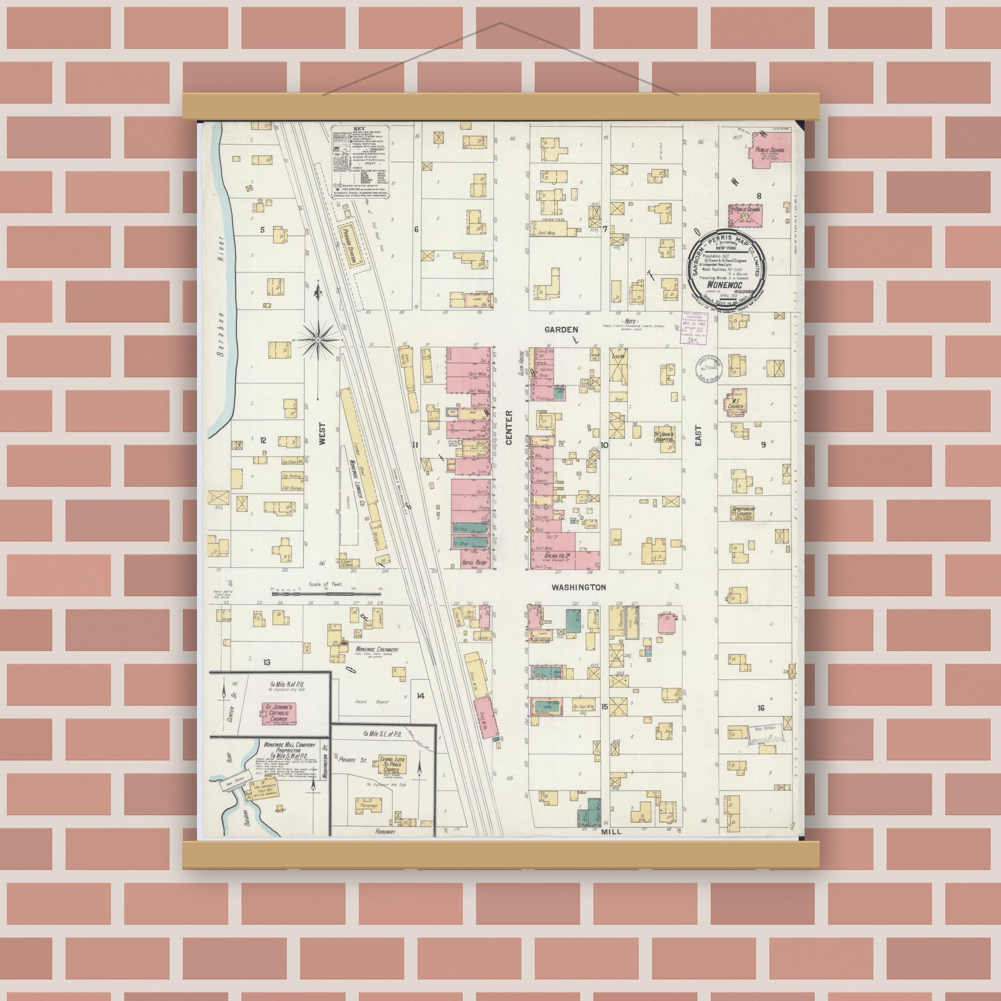 Old map wall art mockup — magnetic wood frame on brick wall — Sanborn Fire Insurance Map from Wonewoc, Juneau County, Wisconsin (1901), Sheet #0001