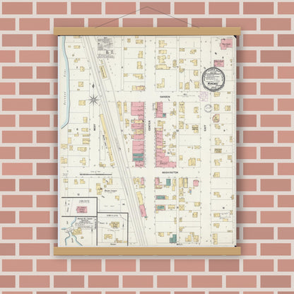 Old map wall art mockup — magnetic wood frame on brick wall — Sanborn Fire Insurance Map from Wonewoc, Juneau County, Wisconsin (1901), Sheet #0001