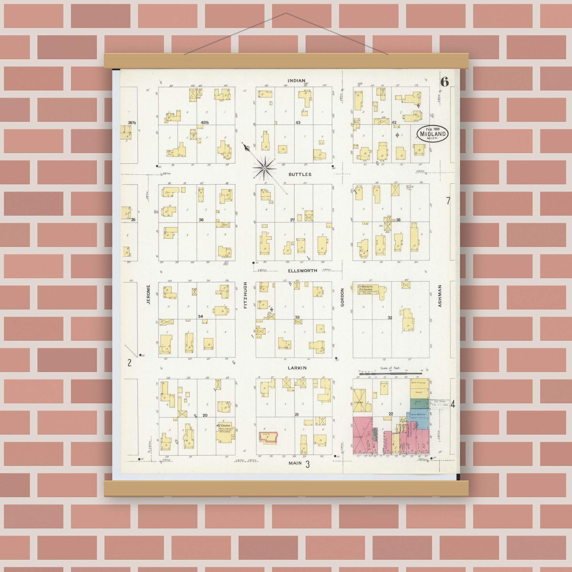 Old map wall art mockup — magnetic wood frame on brick wall — Sanborn Fire Insurance Map from Midland, Midland County, Michigan (1909), Sheet #0006