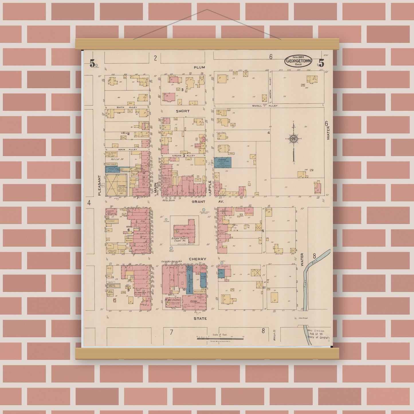 Old map wall art mockup — magnetic wood frame on brick wall — Sanborn Fire Insurance Map from Georgetown, Brown County, Ohio (1922), Sheet #0005