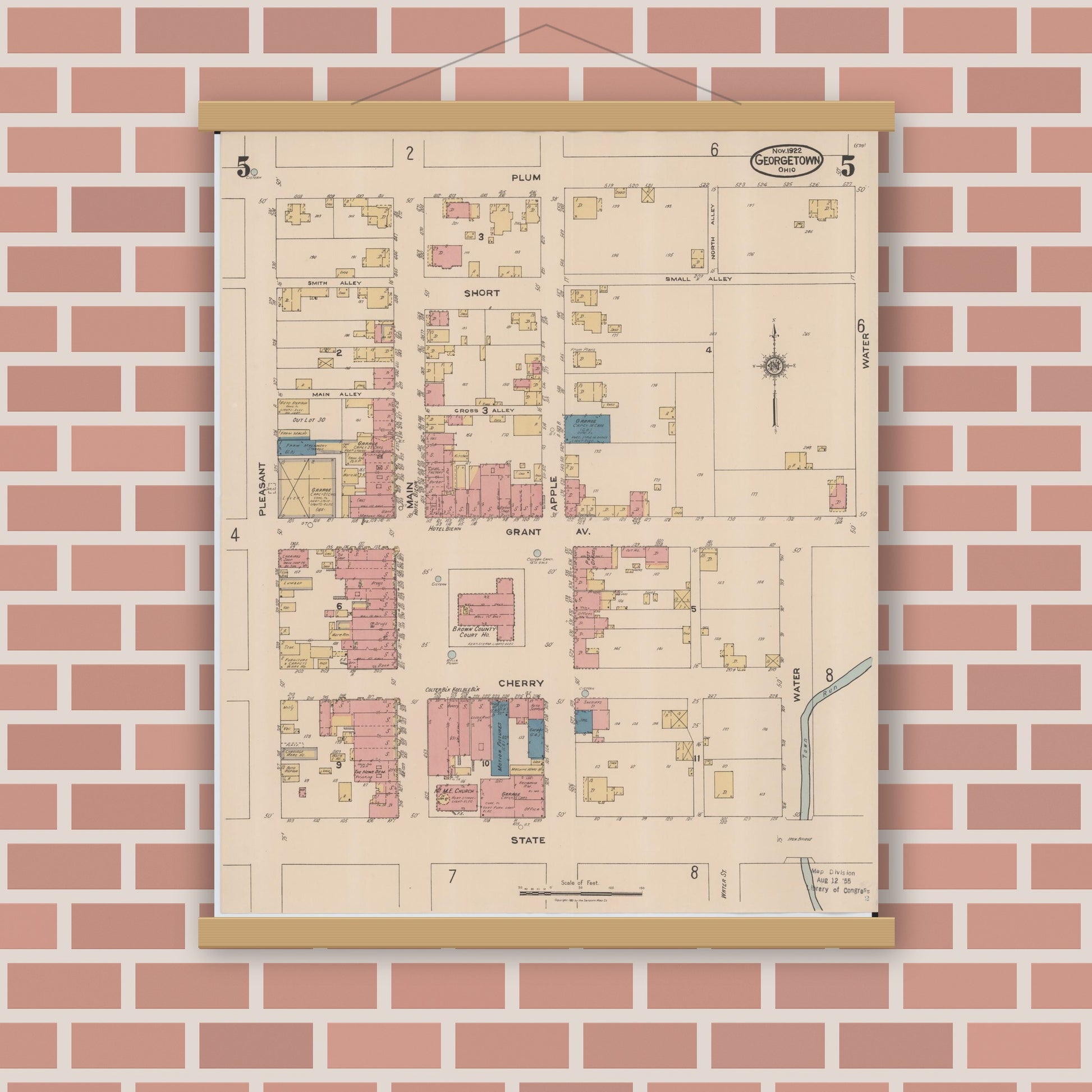 Old map wall art mockup — magnetic wood frame on brick wall — Sanborn Fire Insurance Map from Georgetown, Brown County, Ohio (1922), Sheet #0005