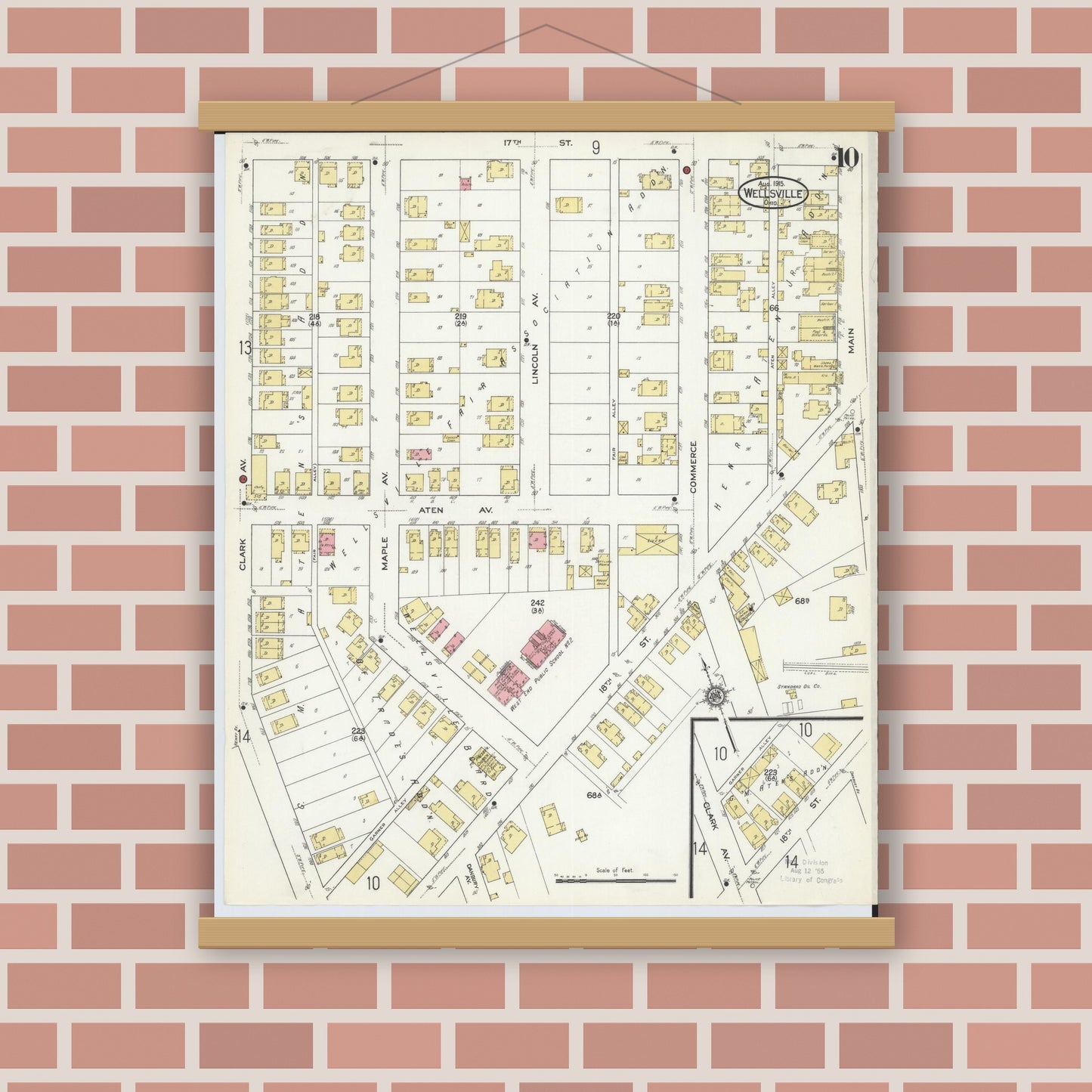 Old map wall art mockup — magnetic wood frame on brick wall — Sanborn Fire Insurance Map from Wellsville, Columbiana County, Ohio (1915), Sheet #0010