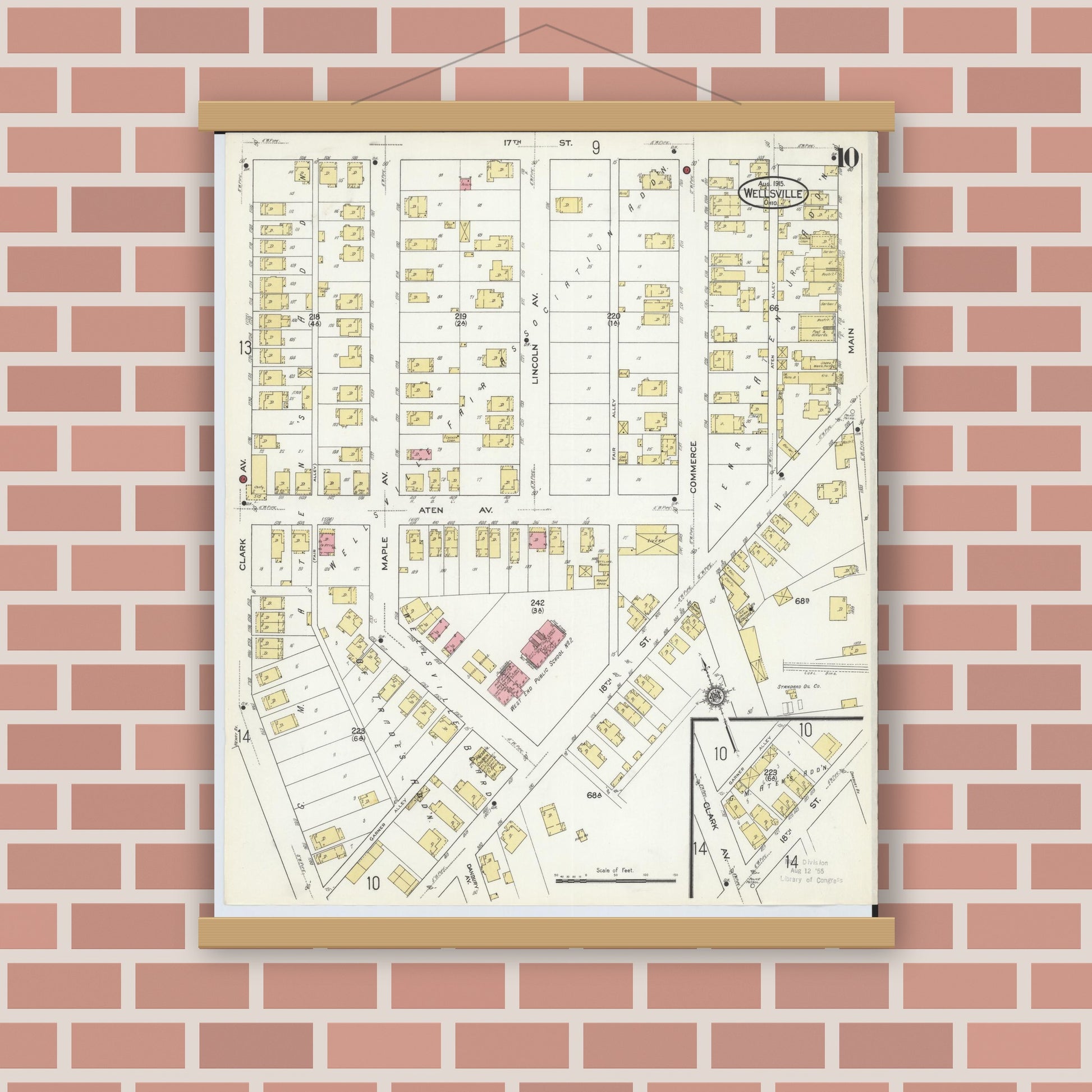 Old map wall art mockup — magnetic wood frame on brick wall — Sanborn Fire Insurance Map from Wellsville, Columbiana County, Ohio (1915), Sheet #0010