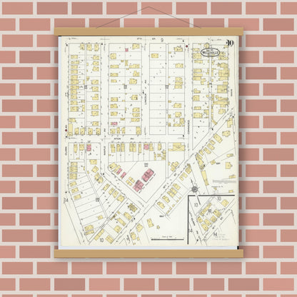 Old map wall art mockup — magnetic wood frame on brick wall — Sanborn Fire Insurance Map from Wellsville, Columbiana County, Ohio (1915), Sheet #0010