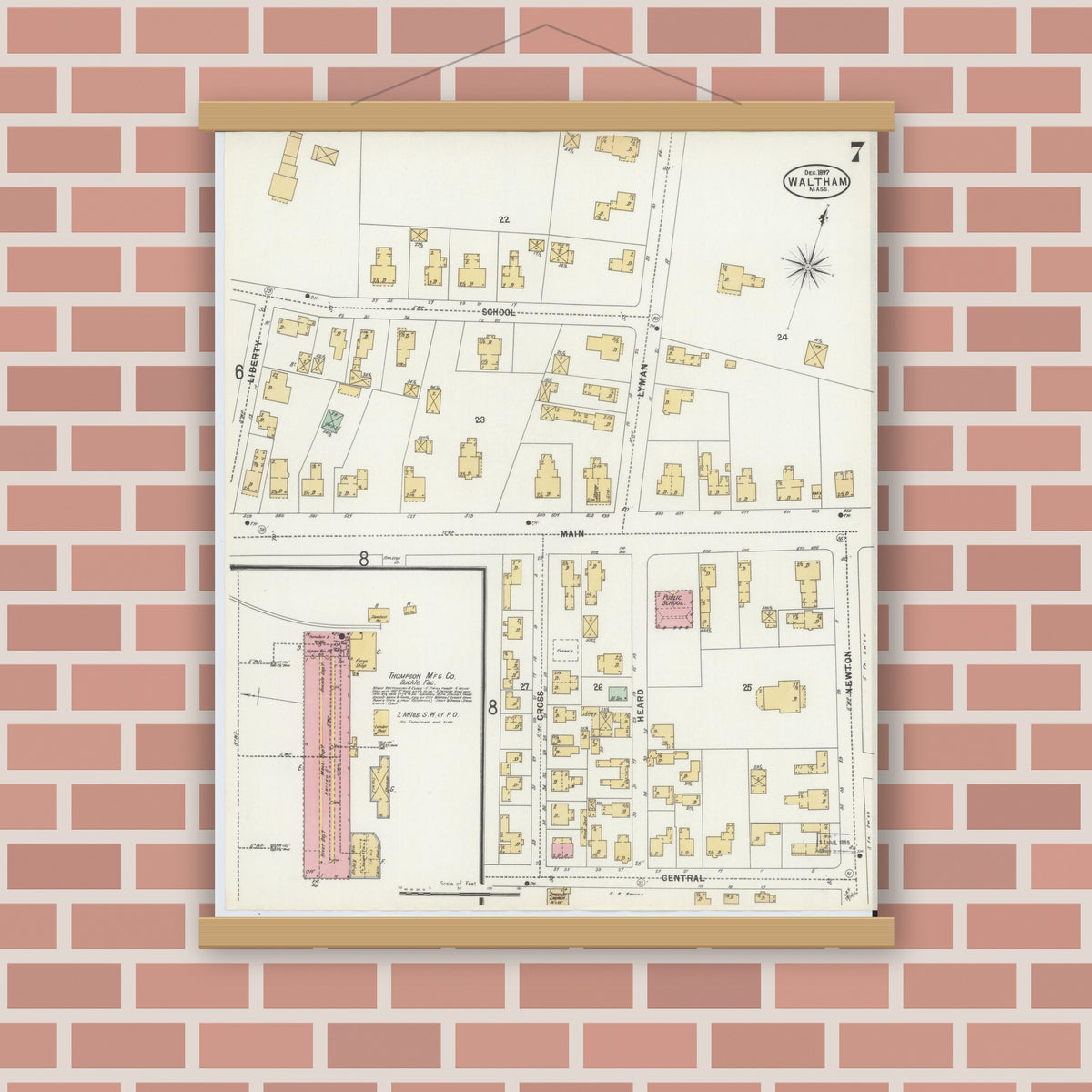 Old map wall art mockup — magnetic wood frame on brick wall — Sanborn Fire Insurance Map from Waltham, Middlesex County, Massachusetts (1897), Sheet #0007