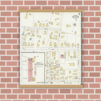 Old map wall art mockup — magnetic wood frame on brick wall — Sanborn Fire Insurance Map from Waltham, Middlesex County, Massachusetts (1897), Sheet #0007