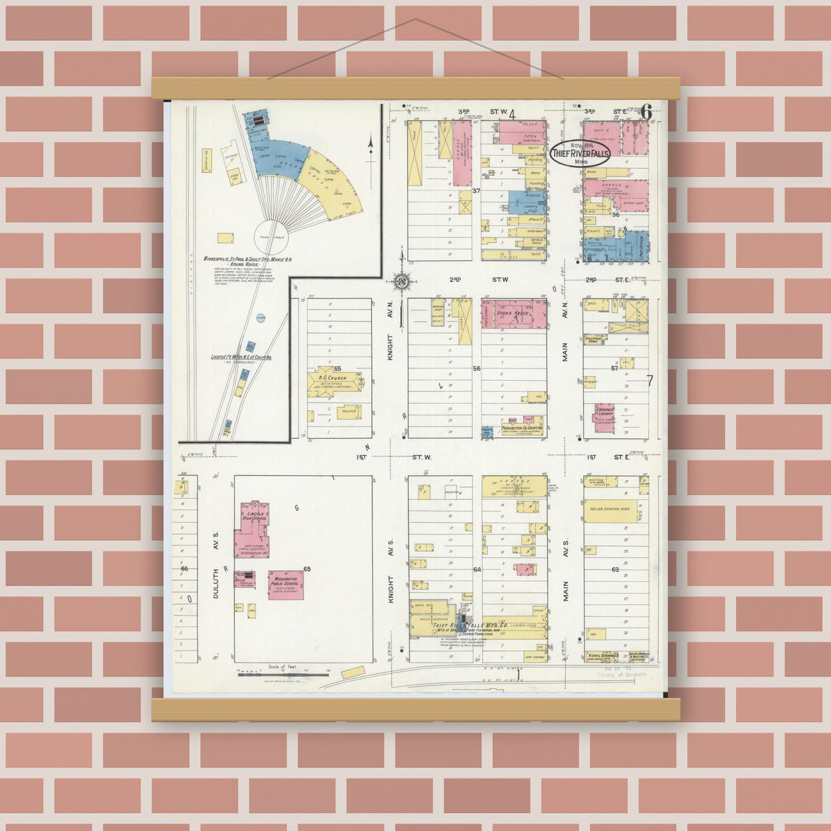 Old map wall art mockup — magnetic wood frame on brick wall — Sanborn Fire Insurance Map from Thief River Falls, Pennington County, Minnesota (1916), Sheet #0006