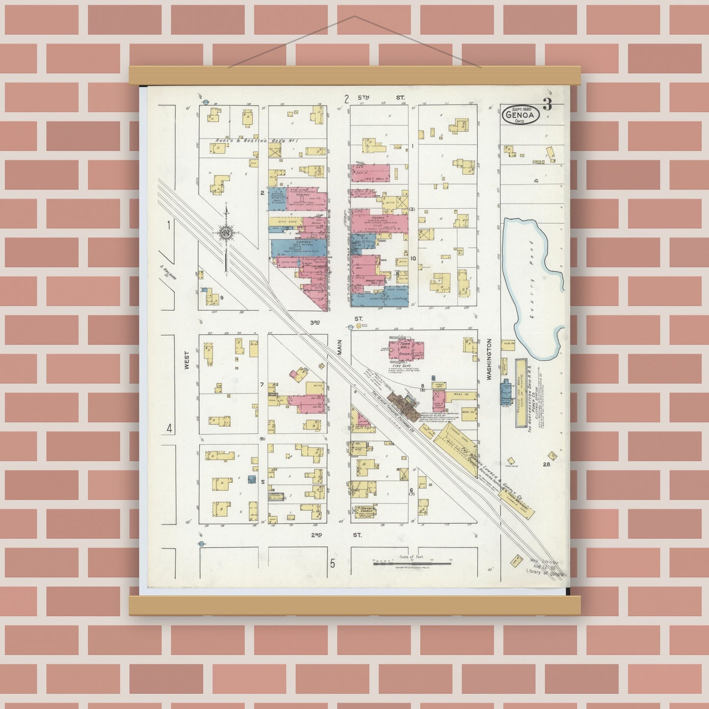 Old map wall art mockup — magnetic wood frame on brick wall — Sanborn Fire Insurance Map from Genoa, Ottawa County, Ohio (1920), Sheet #0003