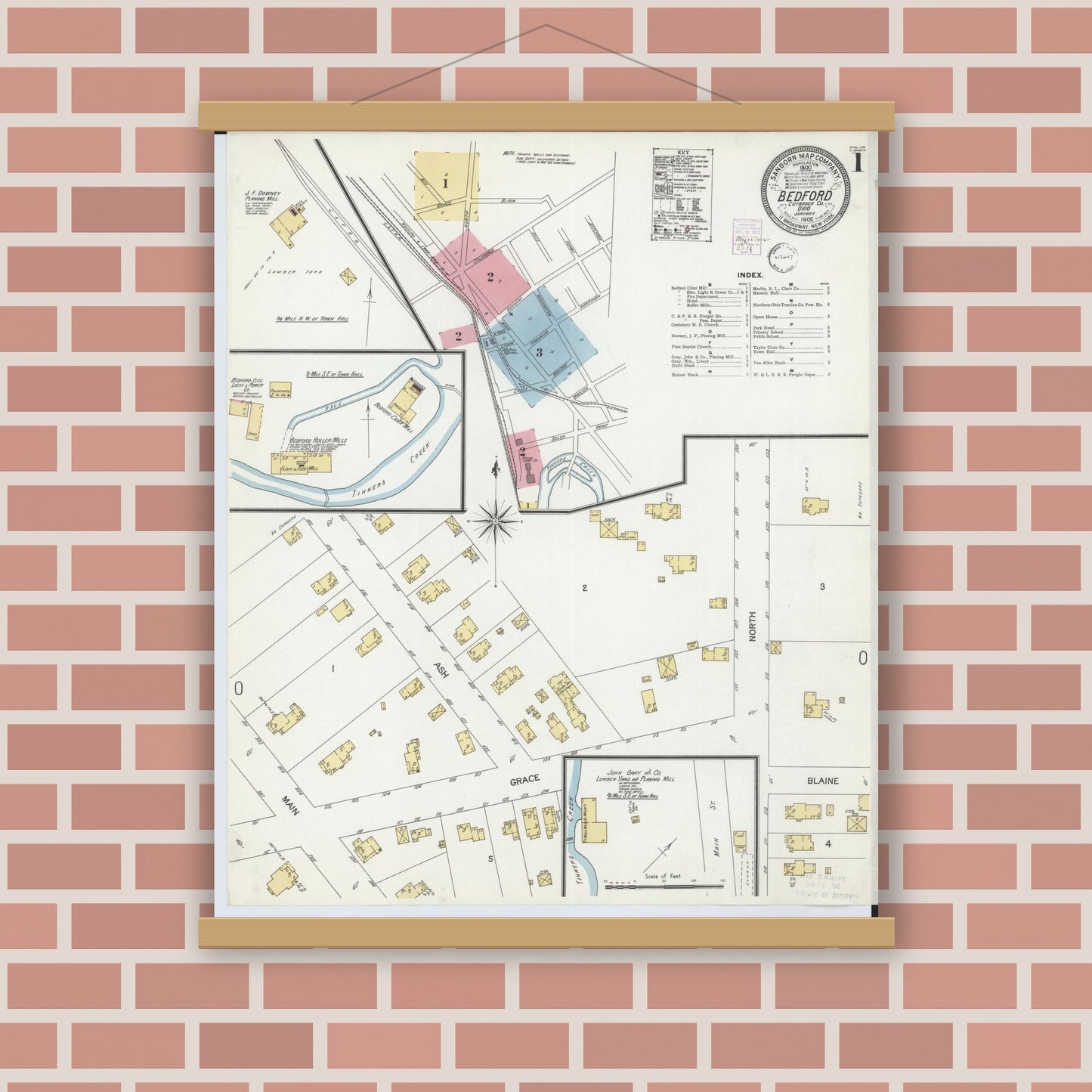 Old map wall art mockup — magnetic wood frame on brick wall — Sanborn Fire Insurance Map from Bedford, Cuyahoga County, Ohio (1902), Sheet #0001