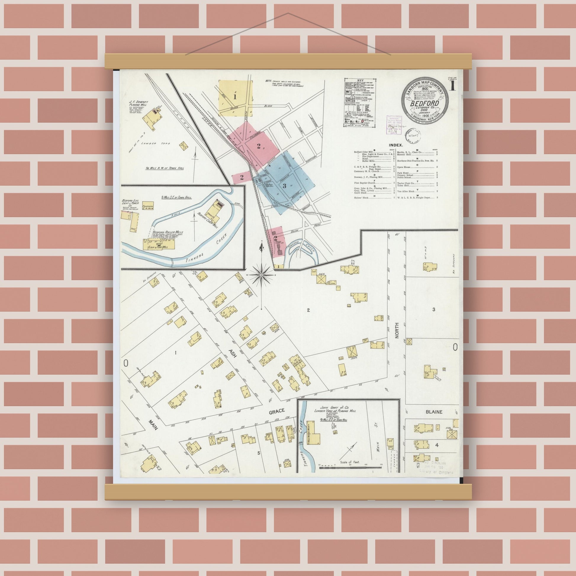 Old map wall art mockup — magnetic wood frame on brick wall — Sanborn Fire Insurance Map from Bedford, Cuyahoga County, Ohio (1902), Sheet #0001