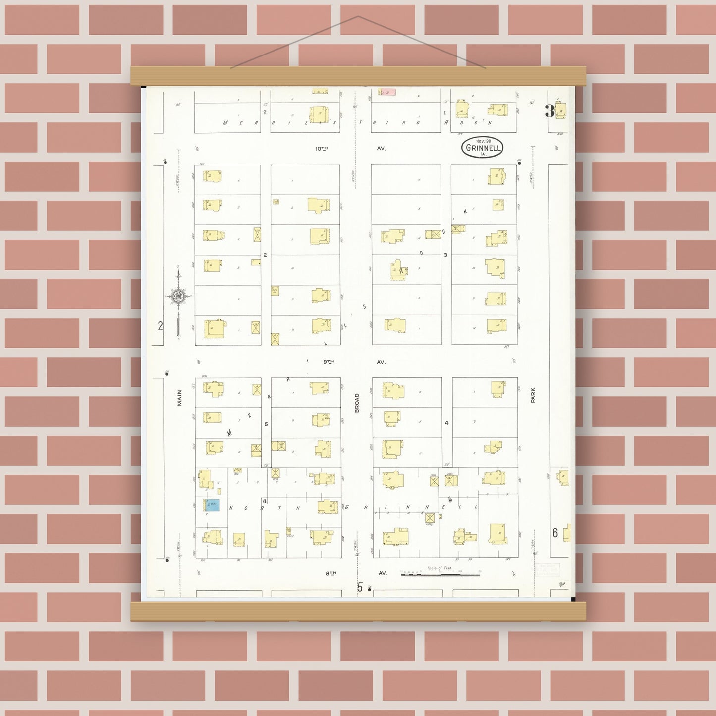 Old map wall art mockup — magnetic wood frame on brick wall — Sanborn Fire Insurance Map from Grinnell, Poweshiek County, Iowa (1911), Sheet #0003