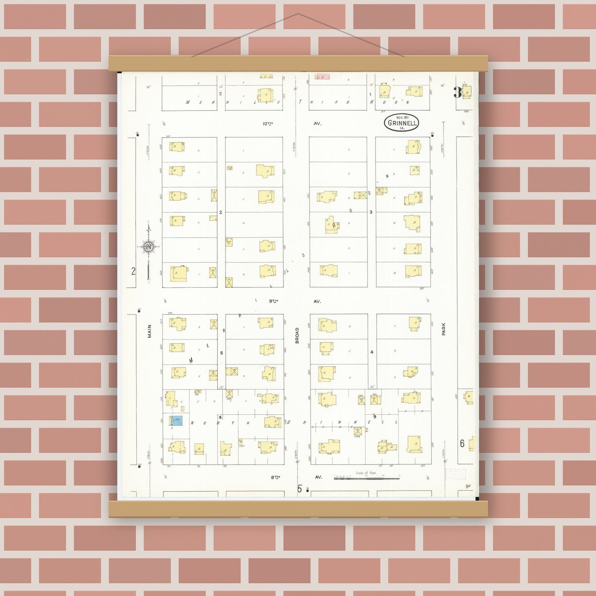Old map wall art mockup — magnetic wood frame on brick wall — Sanborn Fire Insurance Map from Grinnell, Poweshiek County, Iowa (1911), Sheet #0003
