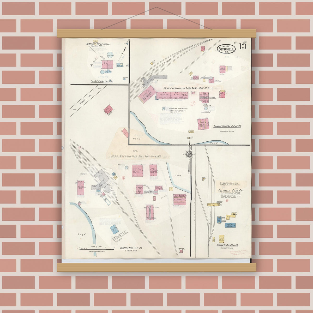 Old map wall art mockup — magnetic wood frame on brick wall — Sanborn Fire Insurance Map from Bicknell, Knox County, Indiana (1946), Sheet #0013