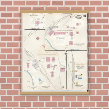 Old map wall art mockup — magnetic wood frame on brick wall — Sanborn Fire Insurance Map from Bicknell, Knox County, Indiana (1946), Sheet #0013