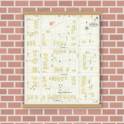 Old map wall art mockup — magnetic wood frame on brick wall — Sanborn Fire Insurance Map from Greensburg, Decatur County, Indiana (1906), Sheet #0005