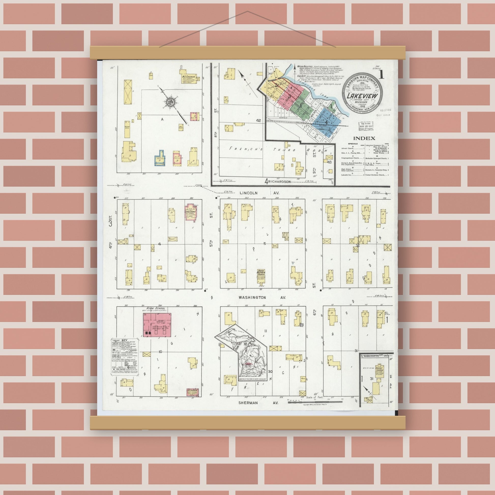 Old map wall art mockup — magnetic wood frame on brick wall — Sanborn Fire Insurance Map from Lakeview, Montcalm County, Michigan (1918) - Complete Map Set