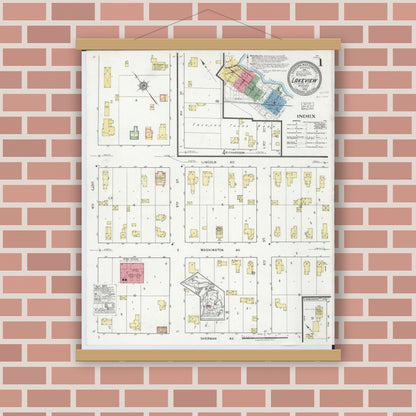 Old map wall art mockup — magnetic wood frame on brick wall — Sanborn Fire Insurance Map from Lakeview, Montcalm County, Michigan (1918) - Complete Map Set