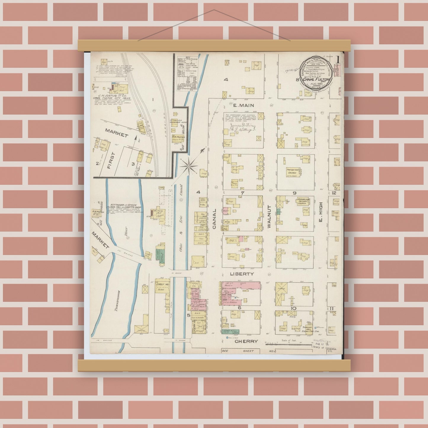 Old map wall art mockup — magnetic wood frame on brick wall — Sanborn Fire Insurance Map from Canal Fulton, Stark County, Ohio (1885) - Complete Map Set