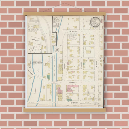 Old map wall art mockup — magnetic wood frame on brick wall — Sanborn Fire Insurance Map from Canal Fulton, Stark County, Ohio (1885) - Complete Map Set