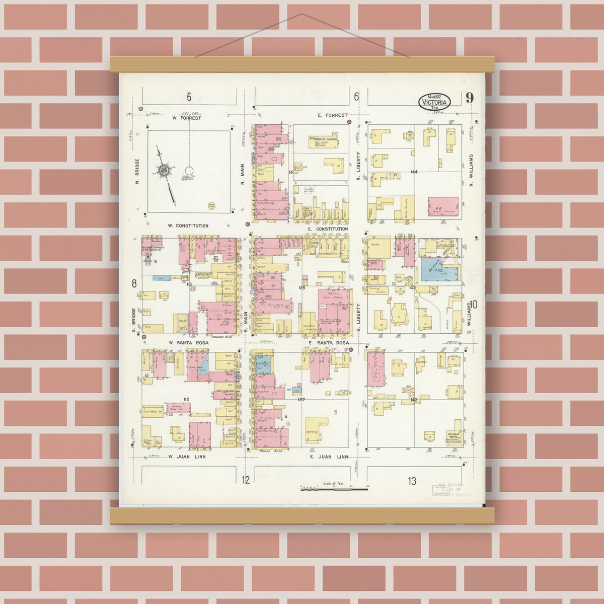 Old map wall art mockup — magnetic wood frame on brick wall — Sanborn Fire Insurance Map from Victoria, Victoria County, Texas (1912), Sheet #0009