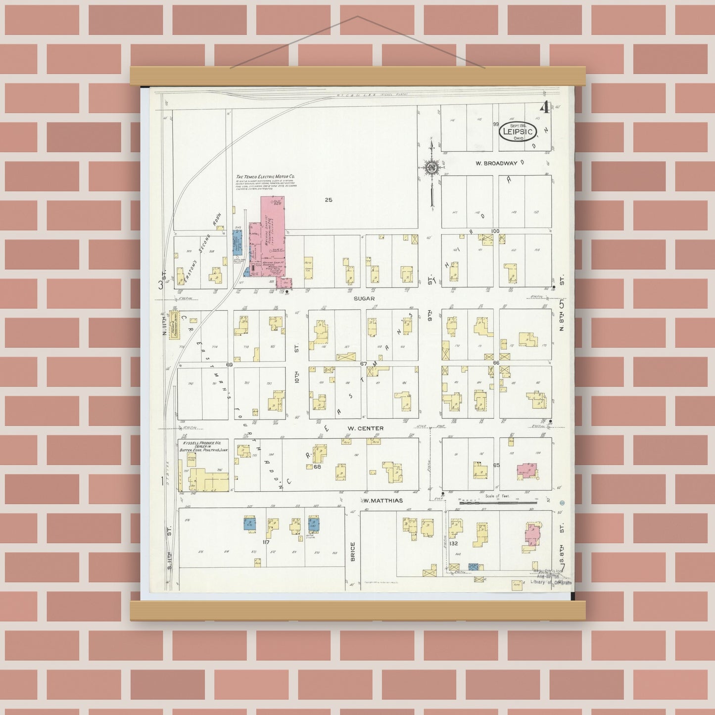Old map wall art mockup — magnetic wood frame on brick wall — Sanborn Fire Insurance Map from Leipsic, Putnam County, Ohio (1916), Sheet #0004