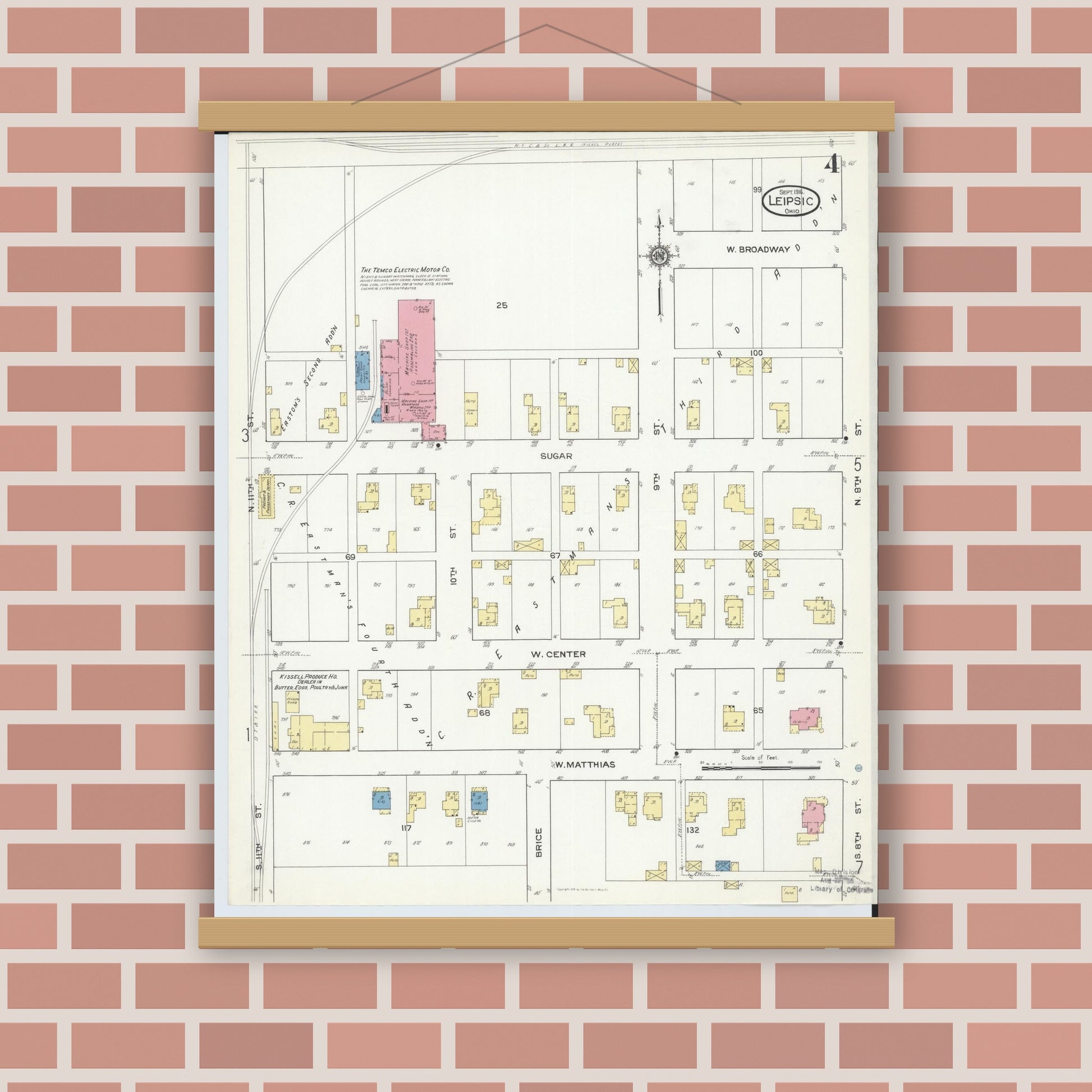Old map wall art mockup — magnetic wood frame on brick wall — Sanborn Fire Insurance Map from Leipsic, Putnam County, Ohio (1916), Sheet #0004