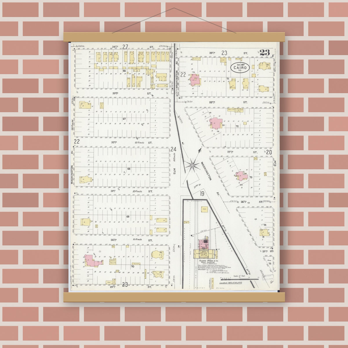 Old map wall art mockup — magnetic wood frame on brick wall — Sanborn Fire Insurance Map from Cairo, Alexander County, Illinois (1907), Sheet #0023