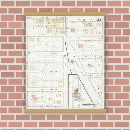 Old map wall art mockup — magnetic wood frame on brick wall — Sanborn Fire Insurance Map from Cairo, Alexander County, Illinois (1907), Sheet #0023