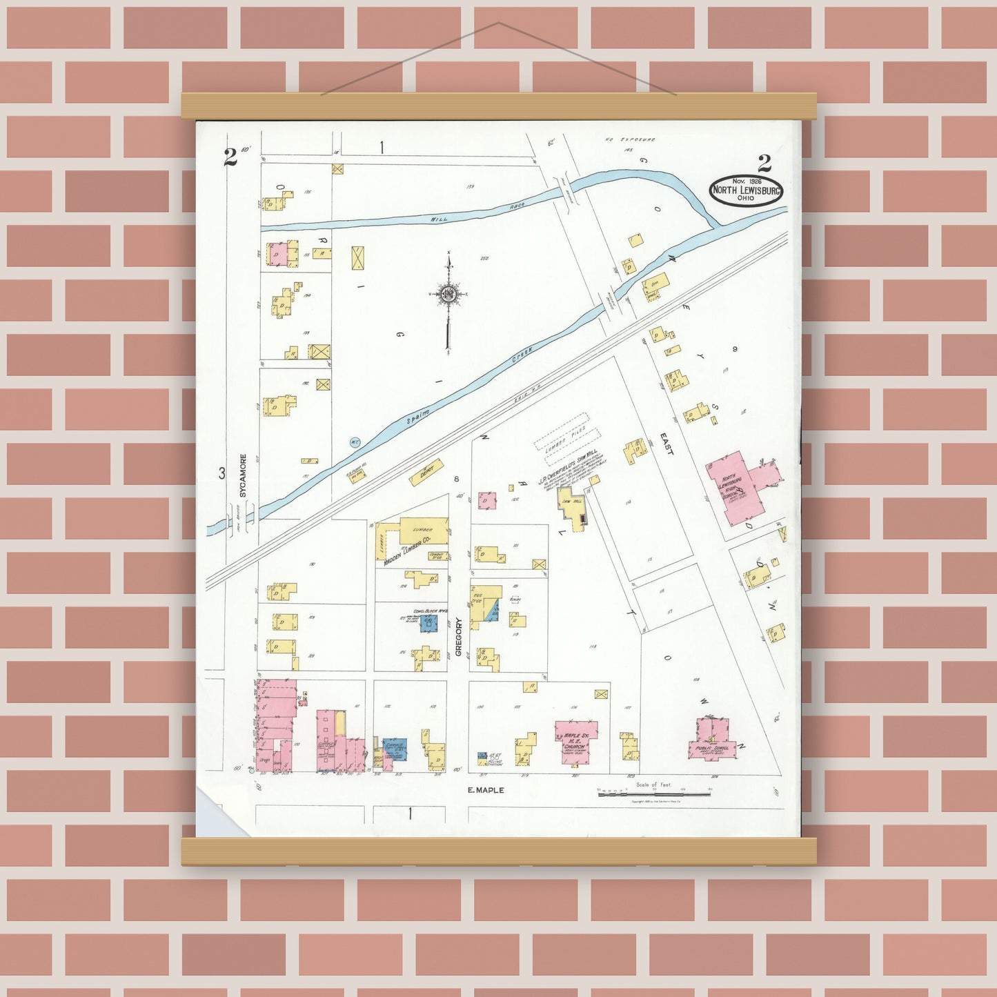 Old map wall art mockup — magnetic wood frame on brick wall — Sanborn Fire Insurance Map from North Lewisburg, Champaign County, Ohio (1926), Sheet #0002
