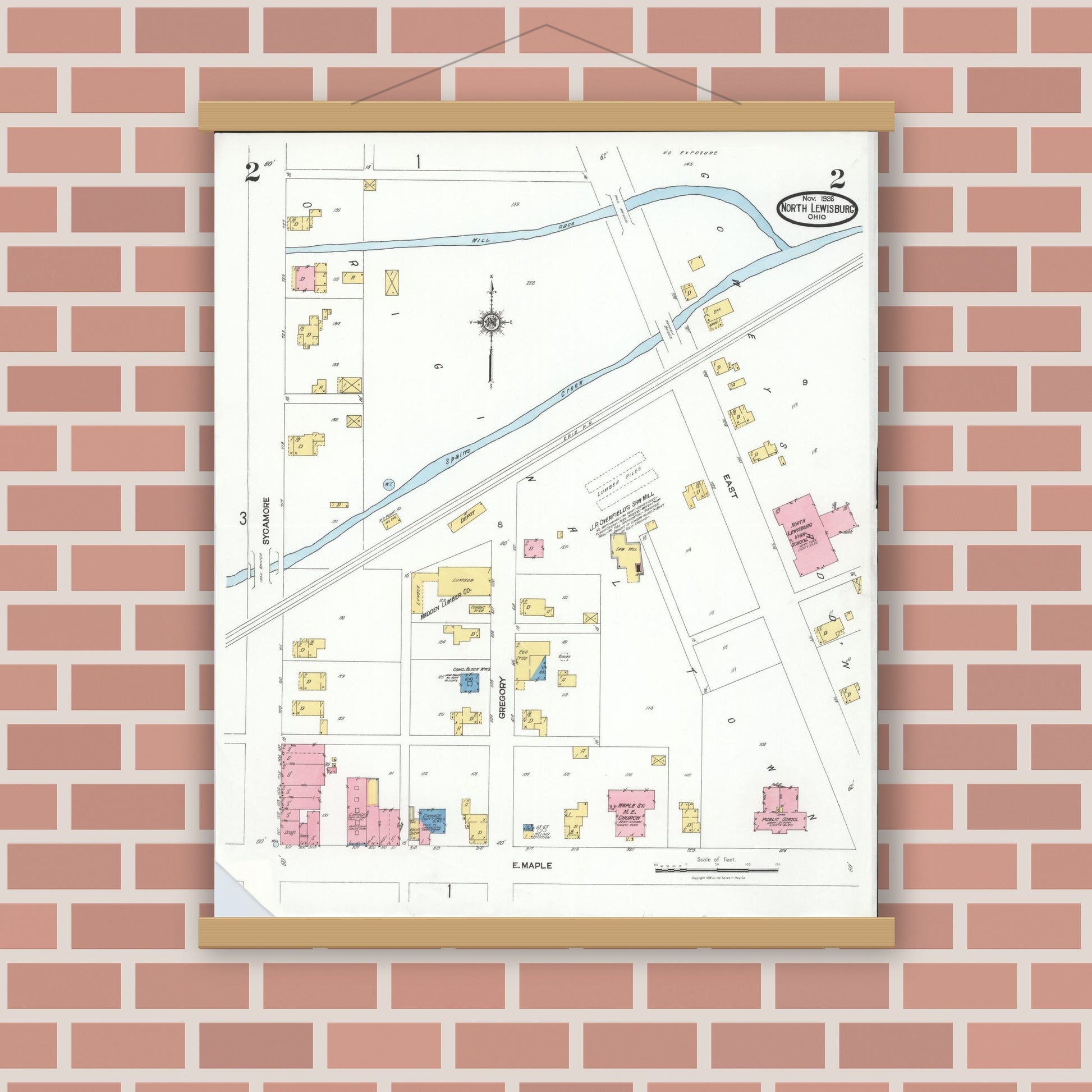 Old map wall art mockup — magnetic wood frame on brick wall — Sanborn Fire Insurance Map from North Lewisburg, Champaign County, Ohio (1926), Sheet #0002