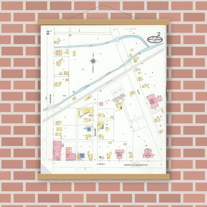 Old map wall art mockup — magnetic wood frame on brick wall — Sanborn Fire Insurance Map from North Lewisburg, Champaign County, Ohio (1926), Sheet #0002