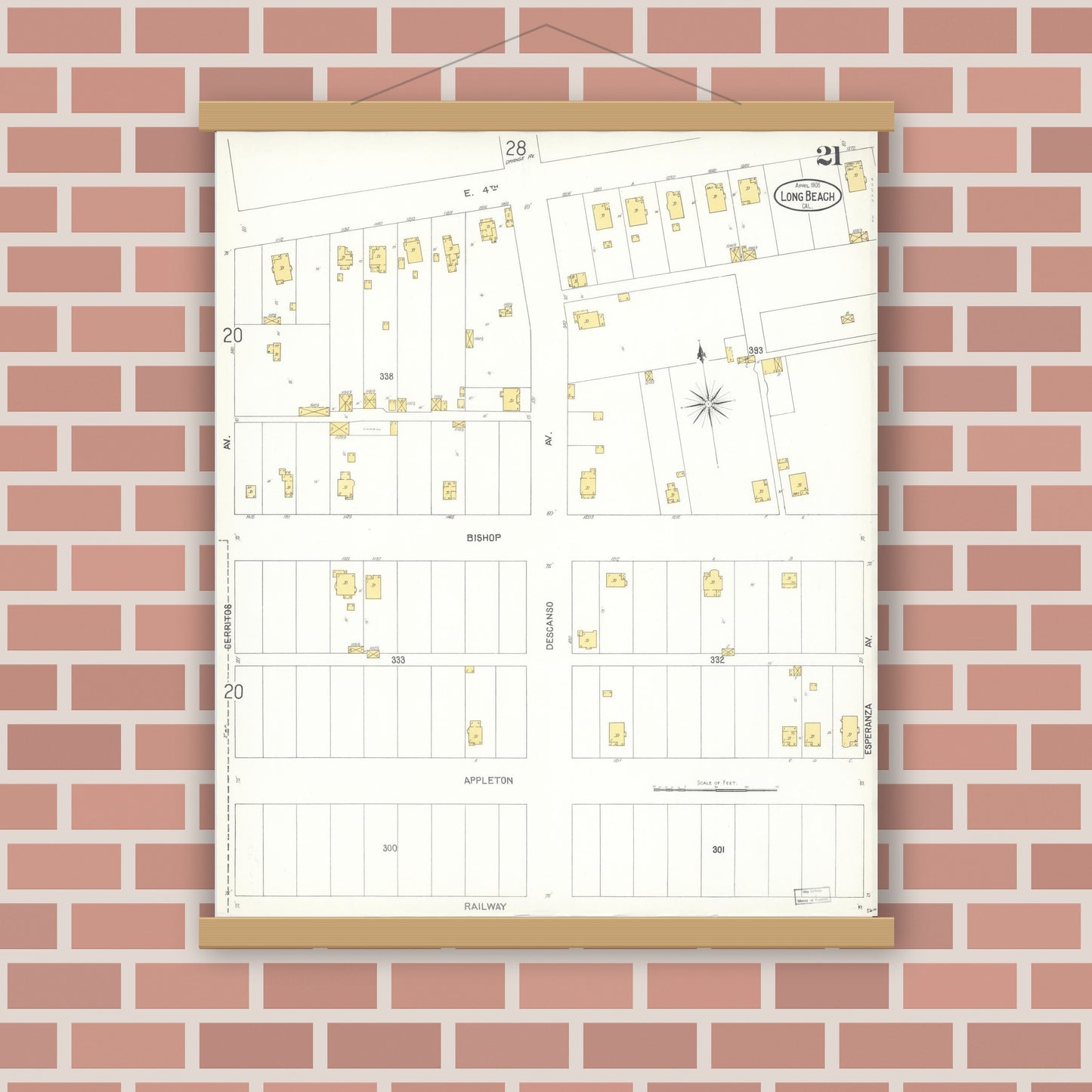 Old map wall art mockup — magnetic wood frame on brick wall — Sanborn Fire Insurance Map from Long Beach, Los Angeles County, California (1905), Sheet #0021