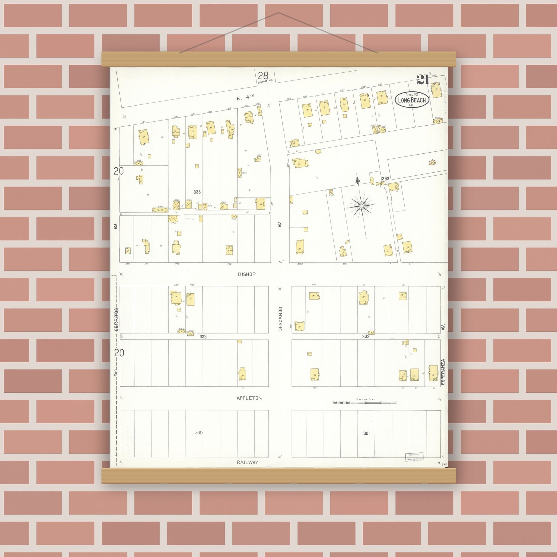 Old map wall art mockup — magnetic wood frame on brick wall — Sanborn Fire Insurance Map from Long Beach, Los Angeles County, California (1905), Sheet #0021