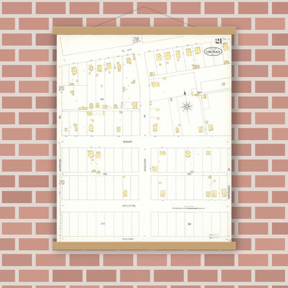 Old map wall art mockup — magnetic wood frame on brick wall — Sanborn Fire Insurance Map from Long Beach, Los Angeles County, California (1905), Sheet #0021