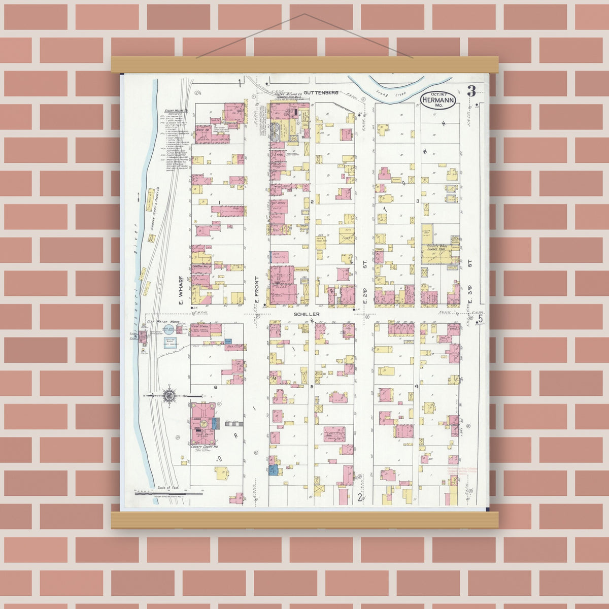Old map wall art mockup — magnetic wood frame on brick wall — Sanborn Fire Insurance Map from Hermann, Gasconade County, Missouri (1917), Sheet #0003