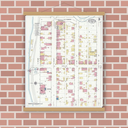Old map wall art mockup — magnetic wood frame on brick wall — Sanborn Fire Insurance Map from Hermann, Gasconade County, Missouri (1917), Sheet #0003